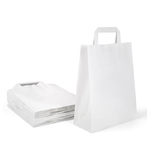 Inoverse 50 Stück Papiertragetaschen, Geschenktüten, 18+08x22 cm Papiertüten mit Henkel, Weiß Kraftpapier Tüten, Papier Tragetasche, Papiertaschen, Papiertüten Klein von Inoverse