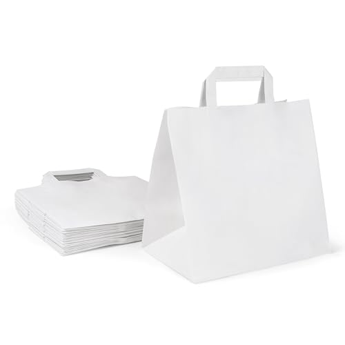 Inoverse 50 Stück Papiertragetaschen, Geschenktüten, 26+17x25 cm Papiertüten mit Henkel, Weiß Kraftpapier Tüten, Papier Tragetasche, Papiertaschen, Papiertüten Klein von Inoverse