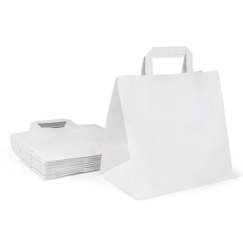 Inoverse 250 Stück Papiertragetaschen, Geschenktüten, 22+10x28 cm Papiertüten mit Henkel, Weiß Kraftpapier Tüten, Papier Tragetasche, Papiertaschen, Papiertüten Klein von Inoverse