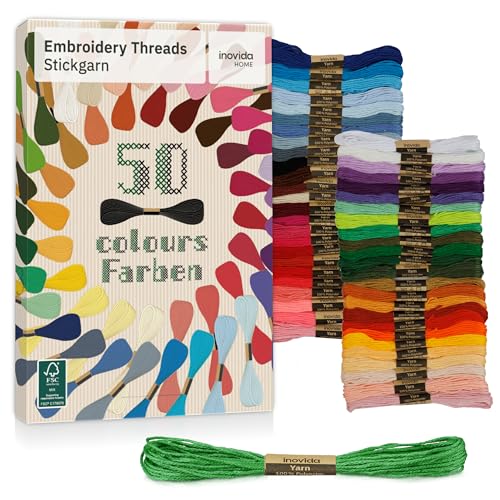 Inovida Stickgarn Set 50 Farben je 5 Meter – Freundschaftsarmbänder selber machen – Nähgarn Set zum Sticken, Armband knüpfen, Basteln, Armband flechten – Kreuzstich Stick – Embroidery Thread von Inovida