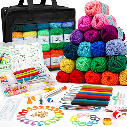 Inscraft Häkelwolle Set, 103 Stück Häkelgarn Set mit 2180yd Strickgarn in 30 Farben, Nädeln, Zubehör und Tasche, Häkelset für Kinder, Erwachsene, Anfänger, Acrylwolle zum Häkeln & Stricken von Inscraft