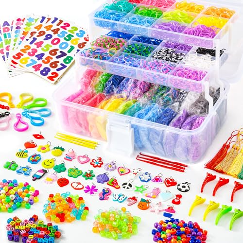 Inscraft 17500+ Loom Bänder Set, 28 Farben Loom Gummibänder für Armbänder, Loop Armbänder set Kinder zum Halsketten und Gummi Armband basteln, Nachfüllset mit 600 Clips, 352 Perlen & Aufbewahrungsbox von Inscraft