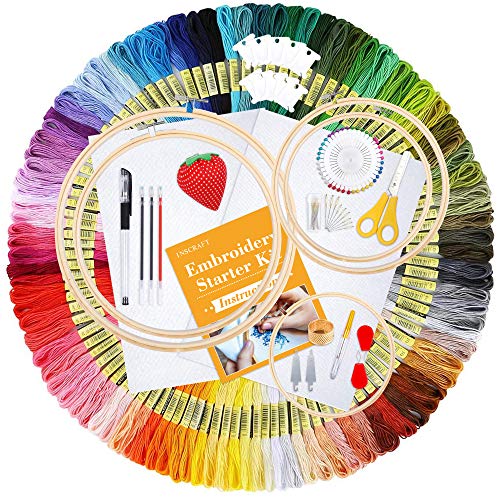 Inscraft Stickset, 304 teiliges Embroidery Kit, 200 farbige Stickgarn, 5 Stück Bambus Stickrahmen, Sticke Set Erwachsene, Anfänger von Inscraft