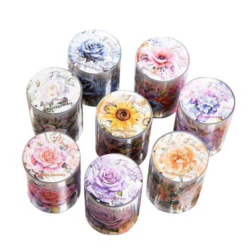 Inscrip Washi Tape, 8 Rollen Blumen Sonnenblume Rosen Hortensien PET Washi Tapes, Retro Pflanzen Washi Klebeband, Floral Blatt Washi Tape Sticker für DIY Crafts, Scrapbook, Geschenkpaket (8 Rolls) von Inscrip