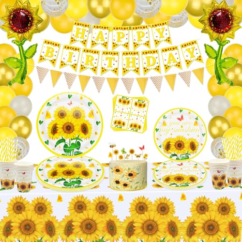 160 PCS Sonnenblumen Party Dekorationen Sonnenblumen-Party-Zubehör Sonnenblume Thema Geburtstag Party Dekorationen Sunflower Party Geschirr Set Platten Tischtuch für Baby-Dusche Dekorationen dient 20 von Inspireyee