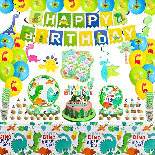 162 Pcs Dinosaurier Geburtstag Party Supplies Set Dinosaurier Thema Geschirr Set Dino Happy Birthday Banner Teller Tischdecken Tassen Servietten Dino T-Rex Party Dekoration Set Serves 20 von Inspireyee