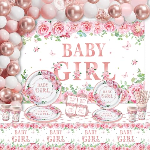 167 PCS Baby-Dusche-Dekorationen für Mädchen Geschlecht Reveal Party Supplies Geschirr-Set Teller, Servietten, Hintergrund Rose Gold Floral Mädchen Baby Dusche Dekorationen Party Supplies für 20 Gäste von Inspireyee