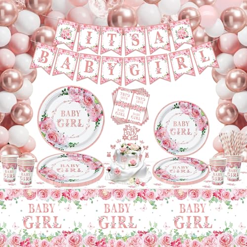 168 PCS Baby Dusche Dekorationen für Mädchen Gender Reveal Party Supplies Baby Girl Geschirr Set-Teller Servietten Banner Rose Gold Floral Mädchen Baby Dusche Dekorationen Party Supplies für 20 Gäste von Inspireyee