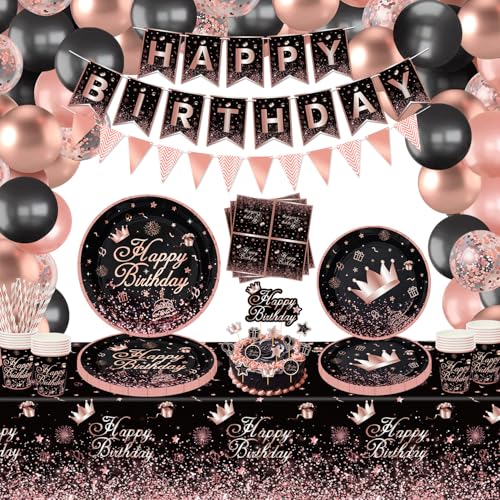 169 PCS Schwarz und Rose Gold Party Dekoration Schwarz Rose Gold Geschirr Set Rose Gold Schwarz Party Supplies Rose Gold Schwarz Geburtstag Party Supplies-Platten Banner Ballons Tischdecke Serviert 20 von Inspireyee