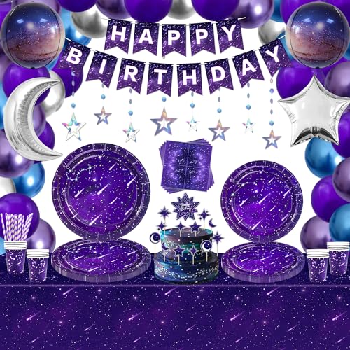 173 Stück Weltraum Galaxie Party Dekoration Star Party Zubehör Lila Outer Space Theme Party Supplies Galaxie Partygeschirr Set Pappteller Servietten Tischdecke Birthday Banner Geschenke für 20 Gäste von Inspireyee