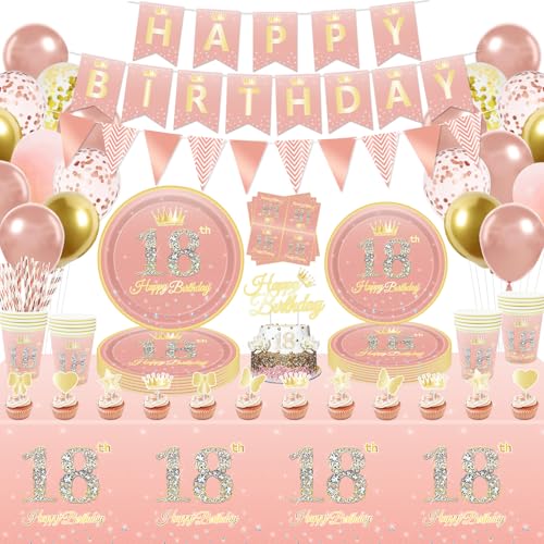 Inspireyee 179 PCS Rose Gold 18. Geburtstag Party Dekorationen für Mädchen Rose Gold Happy 18th Birthday Geschirr-Set-Teller, Servietten, Banner für rosa 18. Geburtstag Party Gunst für 20 Gäste von Inspireyee