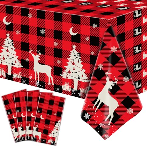 4 Pack Weihnachten Tischdecke Weihnachten Karierten Tischdecke schwarz und rot Karierten Tischdecke 51'' X 86'' Rectangle schwarz und rot Buffalo Plaid Tischdecke für Xmas Party Dekor Winterurlaub von Inspireyee