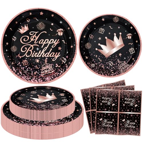 INSPIREYEE 120Pcs Schwarz und Rose Gold Party Dekoration Rose Gold & Black Party Supplies Rose Gold und Schwarz Geburtstag Geschirr Set-Teller, Serviette für Frauen Mädchen Geburtstag Dekoration von INSPIREYEE