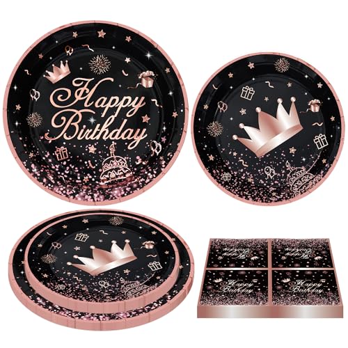 INSPIREYEE 120Pcs Schwarz und Rose Gold Party Dekoration Rose Gold & Black Party Supplies Rose Gold und Schwarz Geburtstag Geschirr Set-Teller, Serviette für Frauen Mädchen Geburtstag Dekoration von INSPIREYEE