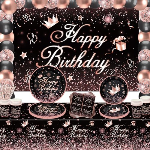 Inspireyee153 PCS Schwarz und Rose Gold Party Dekoration Schwarz Rose Gold Geschirr Set Rose Gold & Schwarz Party Supplies Rose Gold und Schwarz Geburtstag （Black-BJB) von Inspireyee