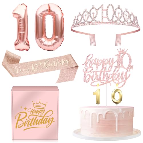 10 Geburtstag Geschenke Dekorationen für Mädchen - 10 Geburtstag Kuchen Topper Luftballons Königin Schärpe Krone und Kerze Set Rose Gold von InstaDecor