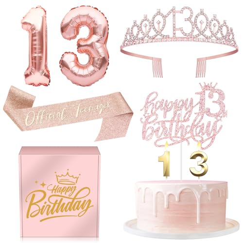 13 Geburtstag Geschenke Dekorationen für Mädchen - 13 Geburtstag Kuchen Topper Luftballons Königin Schärpe Krone und Kerze Set Rose Gold von InstaDecor