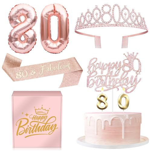 80 Geburtstag Geschenke Dekorationen für Frauen - 80 Geburtstag Kuchen Topper Luftballons Königin Schärpe Krone und Kerze Set Rose Gold von InstaDecor