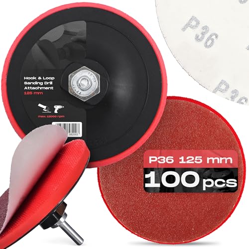 100x Schleifscheiben 125 mm P36 Rund Schleifpapier Schleifpads Schleifblätter Klett Winkelschleifer Scheibe Set + Bohrmaschine Polierteller Schleifteller Adapter M14 von Instalguru