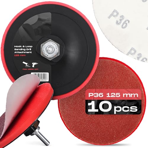 10x Schleifscheiben 125 mm P36 Rund Schleifpapier Schleifpads Schleifblätter Klett Winkelschleifer Scheibe Set + Bohrmaschine Polierteller Schleifteller Adapter M14 von Instalguru