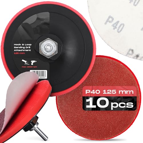 10x Schleifscheiben 125 mm P40 Rund Schleifpapier Schleifpads Schleifblätter Klett Winkelschleifer Scheibe Set + Bohrmaschine Polierteller Schleifteller Adapter M14 von Instalguru