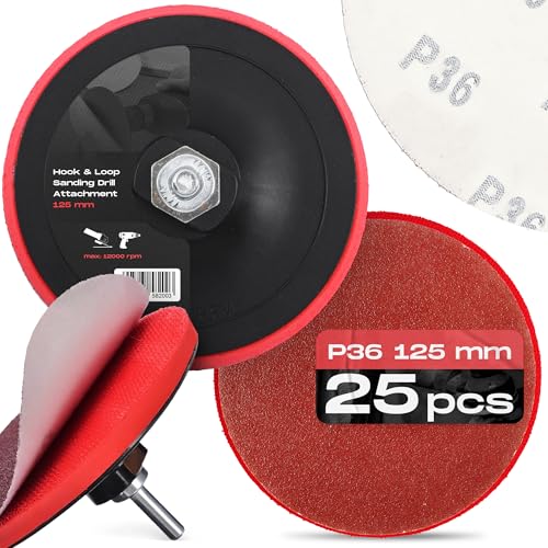 25x Schleifscheiben 125 mm P36 Rund Schleifpapier Schleifpads Schleifblätter Klett Winkelschleifer Scheibe Set + Bohrmaschine Polierteller Schleifteller Adapter M14 von Instalguru