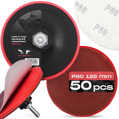 50x Schleifscheiben 125 mm P80 Rund Schleifpapier Schleifpads Schleifblätter Klett Winkelschleifer Scheibe Set + Bohrmaschine Polierteller Schleifteller Adapter M14 von Instalguru