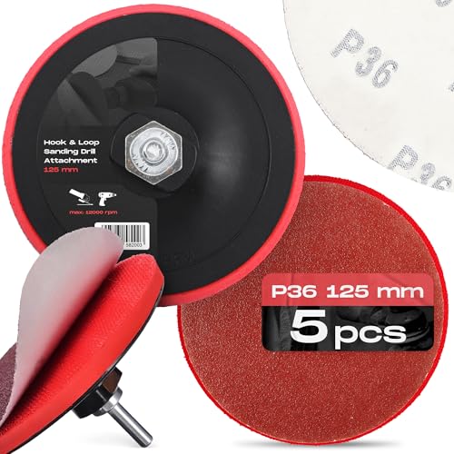 5x Schleifscheiben 125 mm P36 Rund Schleifpapier Schleifpads Schleifblätter Klett Winkelschleifer Scheibe Set + Bohrmaschine Polierteller Schleifteller Adapter M14 von Instalguru