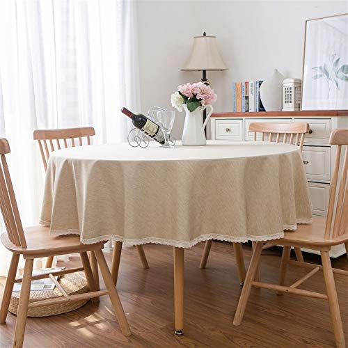 Insun Tischdecke Runden mit Spitze Rand Baumwolle Leinen Tischwäsche Dekorative Staubdichte Tischtuch Abwaschbar Beige Khaki 140cm Durchmesser von Insun