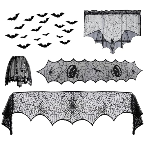 20 pcs Halloween Dekoration Tischdecken Sets,Schwarz Spitze Kaminsims Schal Halloween Spitzen Spinnennetz Tischdecke,Runde Spinnennetz Tischdecke,3D Fledermausaufkleber Halloween Party von InteDesign