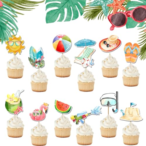 Cupcake-Topper für Sommer, Strand, Sonnenschirm, Kokosnuss, Bus, Haus, Cupcake-Picks, Sommer, Strand-Thema, Cupcake-Topper, Sommerthema, Geburtstagsparty, Kuchendekorationen, 24 Stück von InteDesign