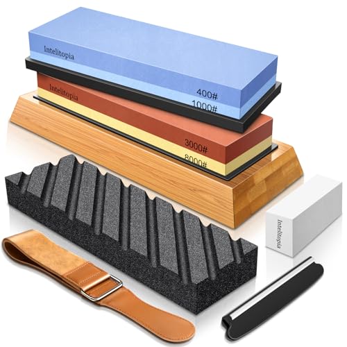 Komplettes Messerschärfstein Set,Dual Grit Whetstone 400/1000 3000/8000 Premium Wetzstein Messerschärfer mit Lederstreifen, Abflachstein, Bambusboden, 3 rutschfeste Gummifüße & Winkelwinkel Leitfaden von Intelitopia