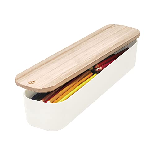 iDesign Schubladenbox, kompakte Regalbox aus BPA-freiem, recyceltem Kunststoff, Schubladen Organizer Box mit Deckel aus Paulownia-Holz, weiß, 7,3 x 9,1 x 36,8 cm, 08091 von InterDesign