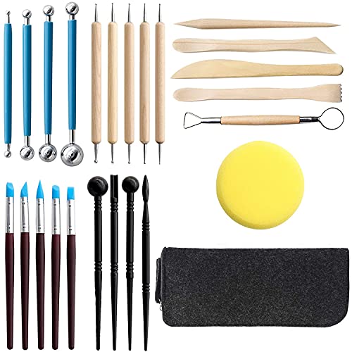 Polymer Clay Werkzeuge, 25pcs Polymer Ton Modellierwerkzeug, 5 Dotting Tool, 5 Modellierwerkzeug Silikon, 4 Ball Tool, 4 Modellierwerkzeug, 5 Ton Schnitzwerkzeuge, Schwamm und Aufbewahrungstasche von Interior Pro