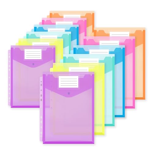 12 Stück Dokumententasche A4,Premium Transparent 6 Farben Dreidimensionale Dokumentenmappe mit Druckknopf Ordner Tasche mit 11 Lochrand und Etikettentasche für Dokumente Organisiere Öffnung oben von Inture