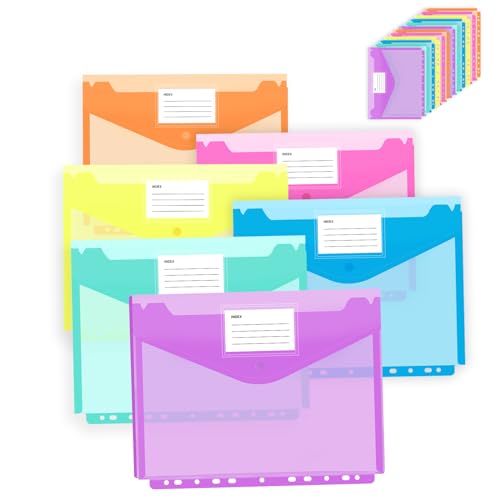 12 Stück Dokumententasche A4,Premium Transparent 6 Farben Dreidimensionale Dokumentenmappe mit Druckknopf Ordner Tasche mit 11 Lochrand und Etikettentasche für Dokumente Organisiere von Inture