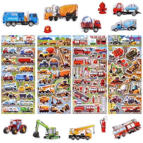 3D Aufkleber Kinder, 4 Blätter Puffy Auto Aufkleber Kinder, Geschwollen Sticker Set, Traktor Bagger Feuerwehr Bauwagen, für Belohnungssticker Party Geburtstag Geschenke Mitgebsel von Invasye