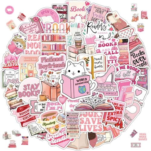 Leseaufkleber, Rosa Lesen Aufkleber 100 Stück, Rosa Lesen Aufkleber Sticker Set, Wasserdicht Cartoon Reading Stickers, für Scrapbook Skateboard, Snowboard, Frauen, Mädchen, Buchliebhaber von Invasye