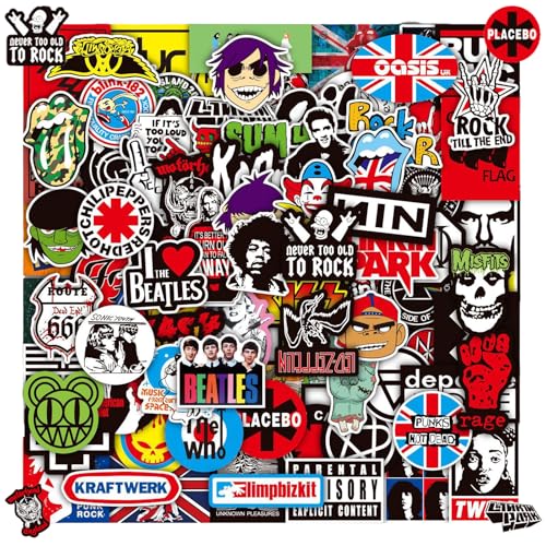 Rock Band Aufkleber, 100 Stück Rock Band Punk Sticker, Classic Rock Sticker Pack, Cool Metal Punk Musik Sticker, Musik Bomb Stickers Pack, für Gitarre Laptop Skateboard Koffer Helm Motorrad von Invasye