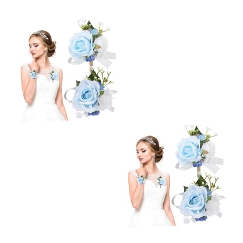 Ipetboom 2 Sätze Rosen-set Ansteckblume Corsagenarmbänder Fürs Handgelenk Blaue Korsage Künstlich Corsage-armbänder Abschlussball Hochzeitssträuße Für Die Braut Bandrosen Seidenblume von Ipetboom