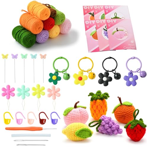 Ipotkitt 1 Set Bunte Wolle Garn Obst Häkelsets Pfirsich Traube Zitrone Häkelzubehör Niedliches Strickset mit Schritt-für-Schritt-Anleitungen für DIY Herstellung von Ipotkitt