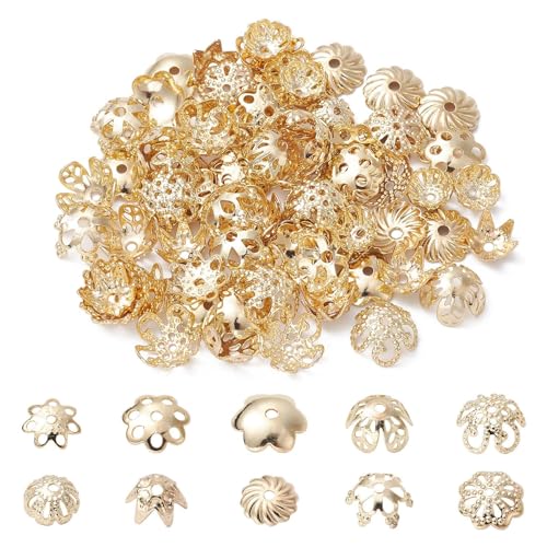 Ipotkitt 100 Stück 10 Stile Legierung Hohlblumen-Perlenkappen goldene Pflanze Floral Endkappen Metall filigrane Perlenkappen für Schmuck DIY Fundstücke Halskette Armband von Ipotkitt