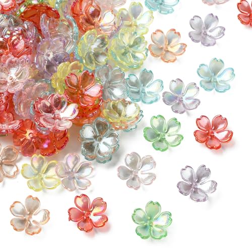 Ipotkitt 100 Stück bunte Acrylperlen mit 5 Blütenblättern, Kunststoff-Kappen, Kirschblüten-Perlenkappen, transparente Blumen-Perlenkappen für DIY-Schmuckherstellung von Ipotkitt