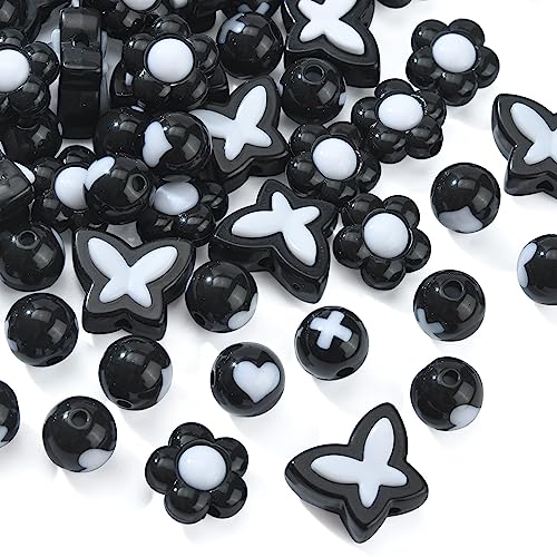 Ipotkitt 100 Stück gemischte Form, schwarze Acrylperlen, niedliche Blume, Herz, Schmetterling, runde Sterne, Abstandshalter, lose Perlen für DIY-Halsketten, Armbänder, Schmuckherstellung von Ipotkitt