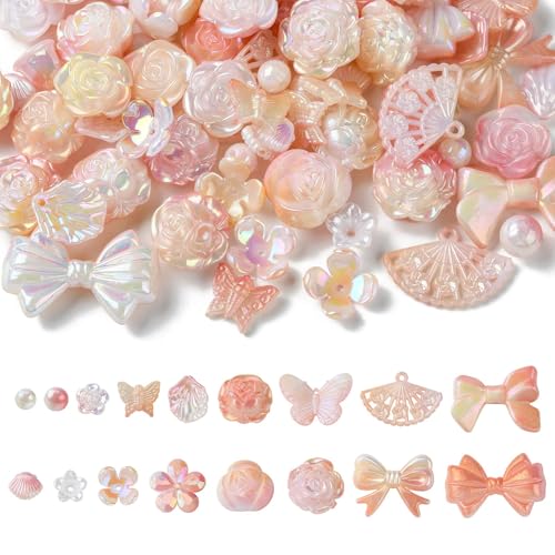 Ipotkitt 100 Stück rosa zufällige Acryl-Perlen-Sets mit Frühlingsmotiv, Blumen-Perlen, Kunststoff, Schmetterling, Meerjungfrauenschwanz, Charms für DIY Schlüsselband, Ohrringe, Schmuckherstellung von Ipotkitt