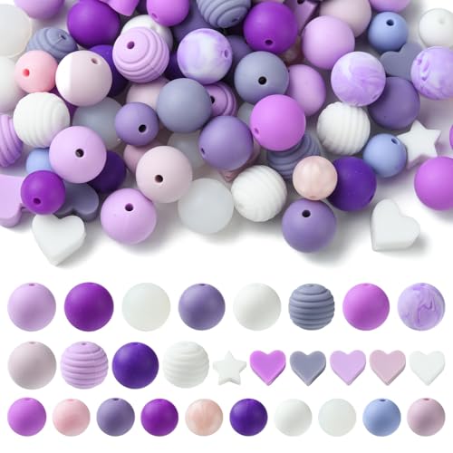 Ipotkitt 100 Stück violette Silikon-Fokal-Perlen, rund, herzförmig, sternförmig, Gummiperlen, Kaugummi-Abstandshalter für DIY-Stifte, Armbänder, Schmuckherstellung von Ipotkitt