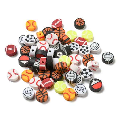 Ipotkitt 100 Stück zufällige Sport-Themen-Polymer-Ton-Perlen, Basketball, Fußball, bunte Abstandshalter, Ornamente für Bastelarbeiten, Ohrringe, Halsketten, Stifte, Schmuckherstellung von Ipotkitt