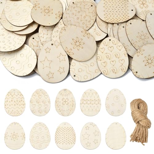 Ipotkitt 100 Stück zufällige ungefärbte Osterei-Motiv-Holzausschnitt-Charms-Set, Blume, Stern, Herz, Holzstücke, unlackiert, rund, hängende Ornamente für Dekoration von Ipotkitt