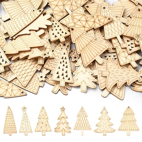 Ipotkitt 100 Stück zufällige ungefärbte Weihnachtsbaum-Motiv-Holzausschnitt-Charms-Set, Tannenbaum-Holzstücke, unlackierte Pflanzen-Hängeornamente für Dekoration von Ipotkitt