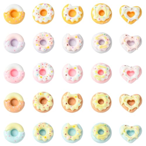 Ipotkitt 125 Stück 5 Stile Donut-Themen-Harz Cabochons Kunststoff Imitation Lebensmittel Verzierungen Niedliche Cartoon Flache Rückseite Charms für DIY Schmuckherstellung von Ipotkitt